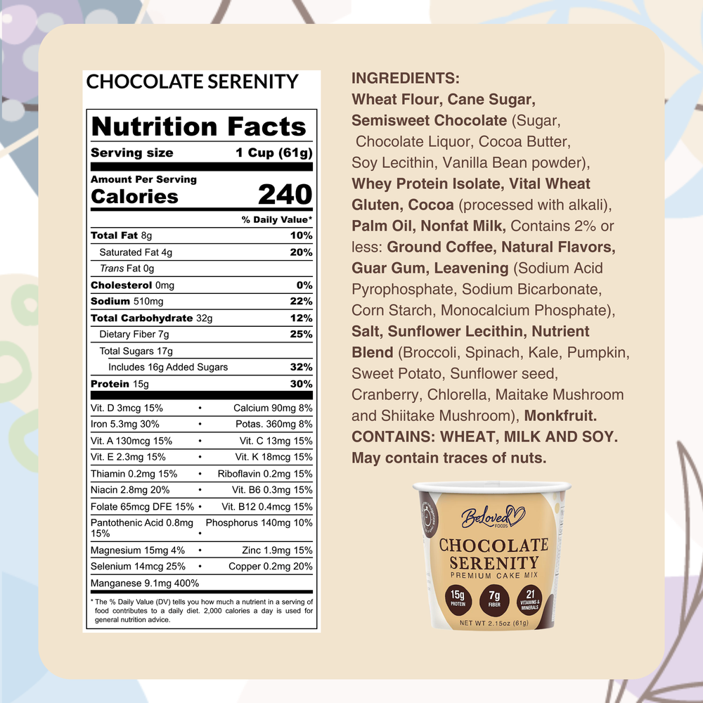 
                  
                    Chocolate Serenity Premium Cake Mix Nutrition Facts
                  
                