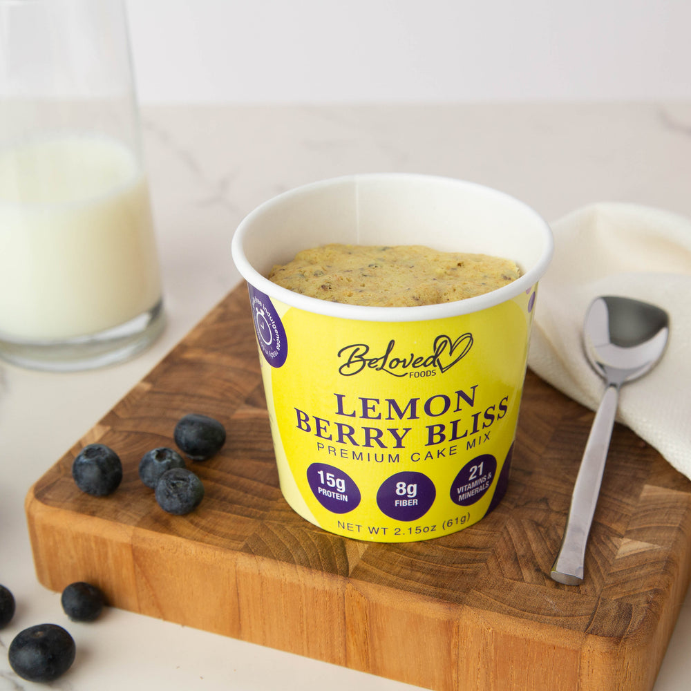 Lemon Berry Bliss Premium Cake Mix with zesty lemon base and real bits of blueberries